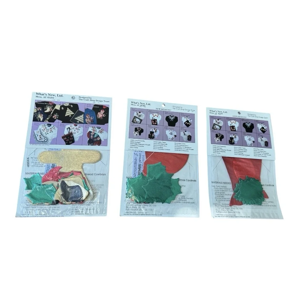 Vintage 1990s What's New Glitzy Shirts Iron On Applique Kits Christmas Lot 3 NOS